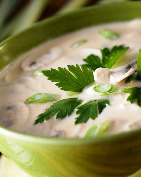 Soupe thaïlandaise aux noix de coco véganes avec tofu.